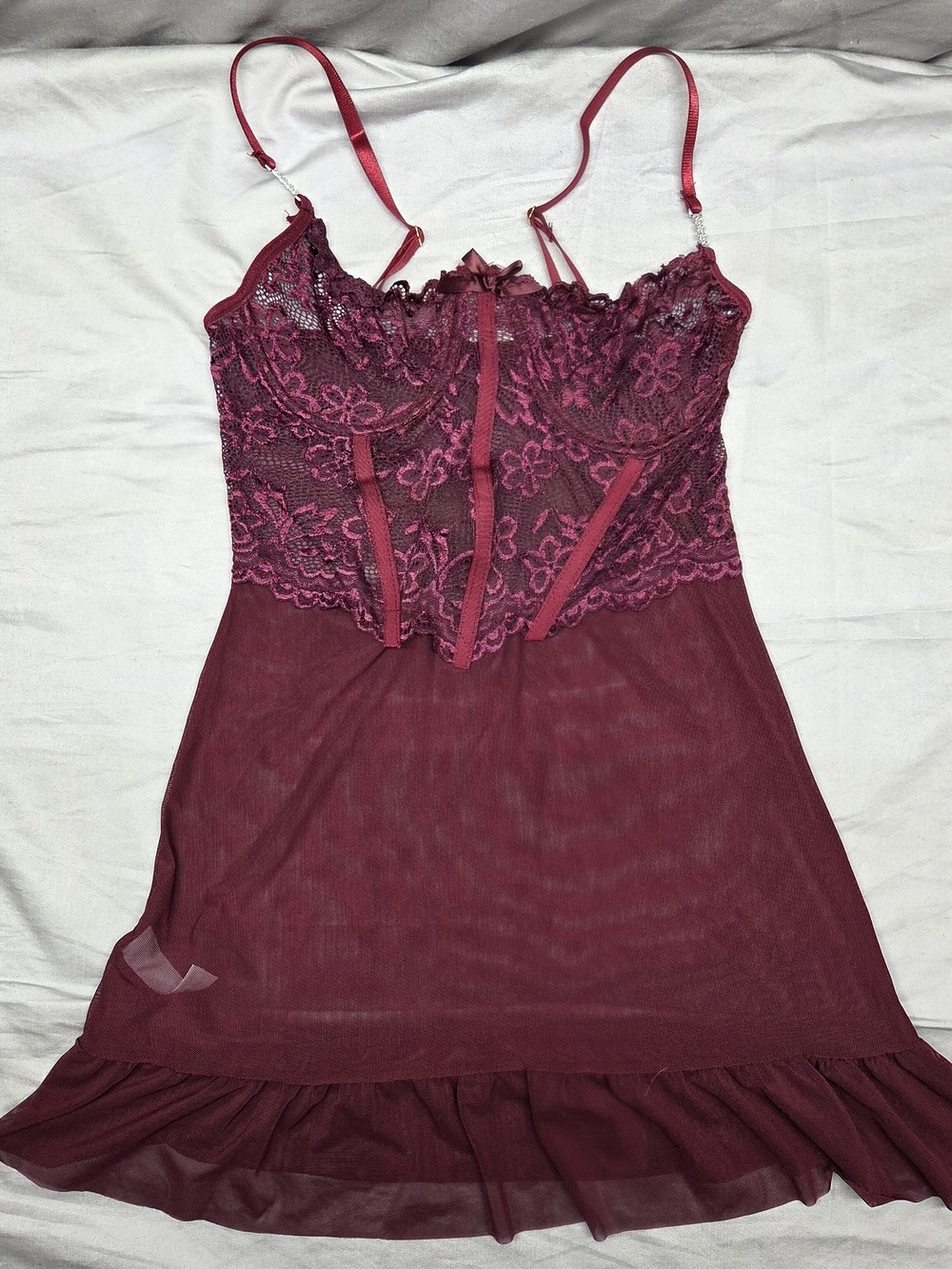 Lace Bodice Sheer Chemise in Burgundy
